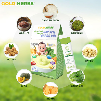 Bột ngũ cốc ăn dặm hạt sen cải bó xôi GoldzHerbs cho bé từ 6 tháng tuổi – 252g/ 500g