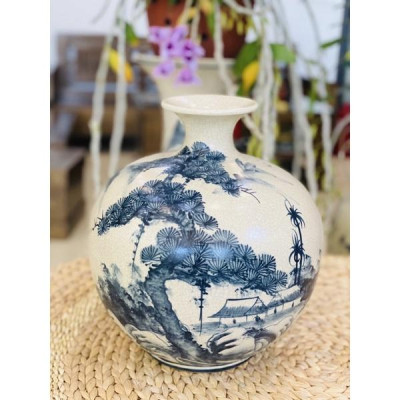 Bình hút lộc men rạn giả cổ, họa tiết vẽ thủ công hoa phù dung  Bát Tràng.