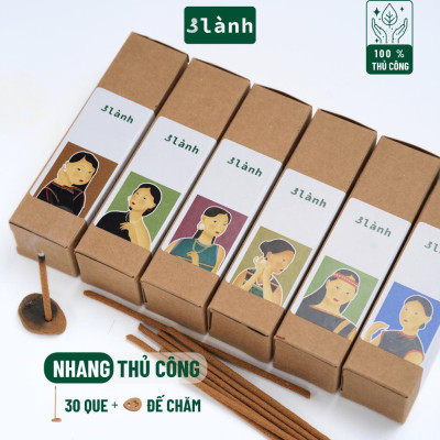 Nhang Thủ Công 3 Lành Hộp 30 Que Nhiều Mùi 100 % Tự Nhiên Tặng Kèm Đế Chăm Không Hóa Chất Xông Thơm