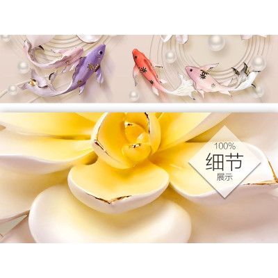 Tranh dán tường 3D hoa đá ngọc-cá trang trí phòng khách-phòng ngủ- Huyền Chi-chất liệu vải lụa  (Kích thước:tuỳ chọn)