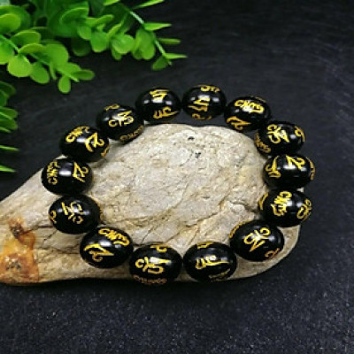 VÒNG TAY ĐÁ MÃ NÃO ĐEN KHẮC OM MANI PADME HUM 16 ly
