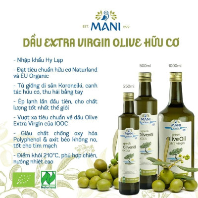 Dầu Ô liu (Olive) ép lạnh nguyên chất hữu cơ chai 250ml 500ml 1L - Mani (Organic Extra Virgin Olive Oil)