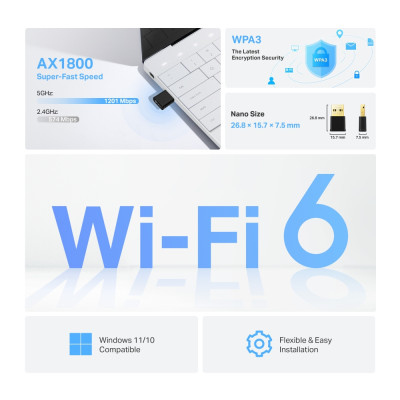 USB thu WIFI TP-Link Archer TX20U Nano | WIFI 6 AX1800 | Băng tần kép 2.4 & 5.0 | Dễ cài đặt | Bảo hành 2 năm | Hàng Chính Hãng