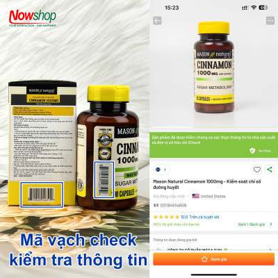 Cinnamon 1000mg Mason Natural Hộp 100 viên ổn định đường huyết hỗ trợ tiểu đường từ Quế nguyên chất