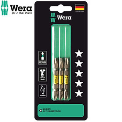 Bộ mũi vít 2 đầu 4 cạnh cao cấp Wera 05344513001 851/23 BTH  3xPH2x65mm Yellow BiTorsion dùng trực tiếp máy khoan bắt vít