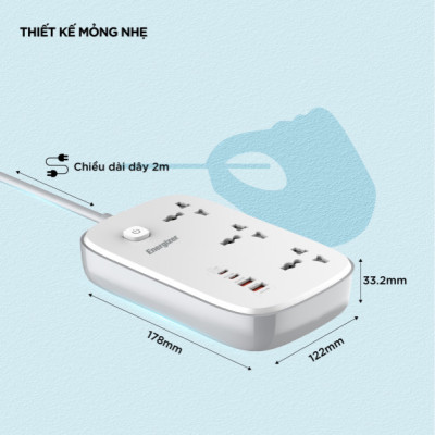 [ Hàng Chính Hãng ] Ổ điện đa năng Energizer 3AC  kèm cổng USB tích hợp Wifi sạc PD 65W chịu tải 3250W