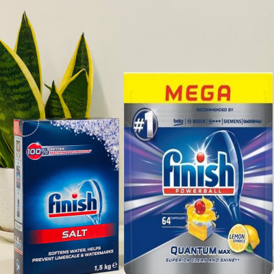Combo 64 Viên rửa bát Finish Quantum + Muối Finish 1.5kg