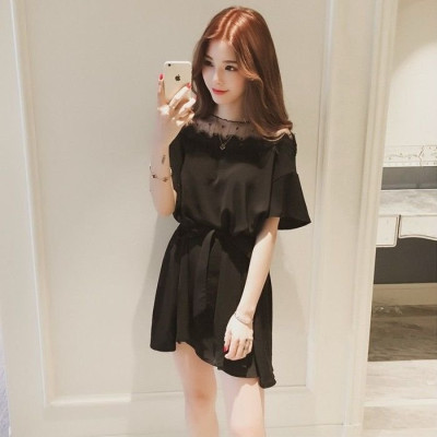 Đầm nữ dáng suông phong cách Hàn Quốc, Đầm nữ công sở cổ phối ren eo thắt dây Da11