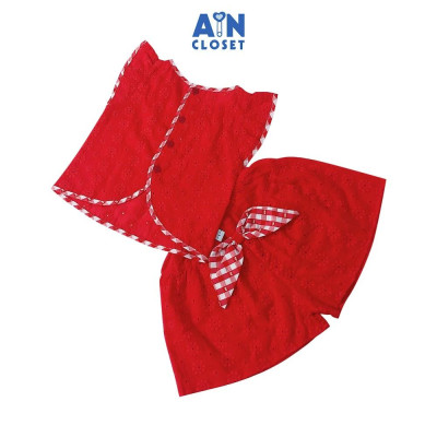 Bộ quần áo ngắn bé gái họa tiết Caro nơ quần váy đỏ cotton boi thêu - AICDBGCQ518L - AIN Closet