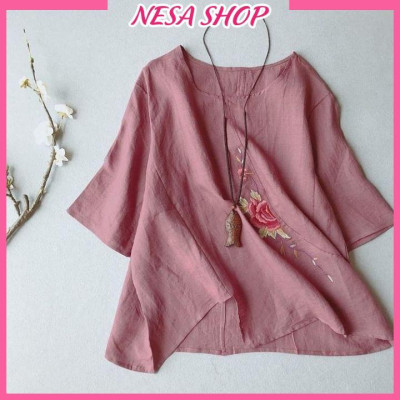 Áo kiểu nữ trung niên thêu hoa tặng mẹ form rộng bigsize chất liệu Đũi cao cấp mềm nhẹ mát NeSa Shop, AKH.66