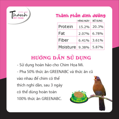Cám Chim Họa Mi của hiệu GREENABC - Có 2 loại hằng ngày và bổ sung giúp chim căng lửa, mượt lông, hót hay – Hộp 280g
