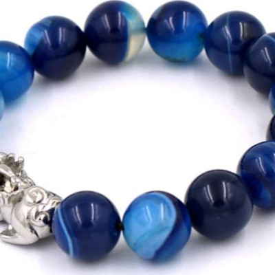 Chuỗi đeo tay thạch anh xanh dương sọc 12 ly - cẩn Tỳ Hưu inox VTAXDSTHT12 - hợp mệnh Mộc, mệnh Thủy