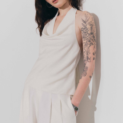 DOTTIE - Áo cổ đổ cột dây - Be nhạt - T1129