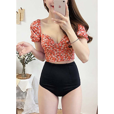 Bikini 2 mảnh cạp cao, áo croptop hoa nhí, tay bèo xinh xắn dấu bắp tay | KT061