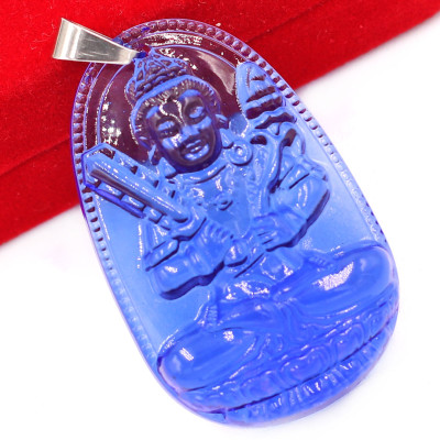 Mặt phật Hư Không Tạng thủy tinh xanh dương 3.6cm - phật bản mệnh tuổi Sửu, Dần - Móc inox