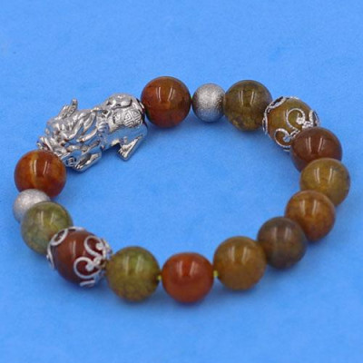 Vòng chuỗi đeo tay Đá Vân Rồng Nâu Vàng size 10 ly mix Tỳ Hưu inox VVRTHVHKHB10