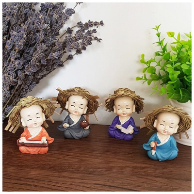 Bộ tượng chú tiểu nón nhẹ nhàng vẽ Cầm - Kỳ - Thi - Họa - 4 tư thế - Hàng chính hãng