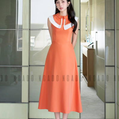 Đầm cam cổ sen phối trắng NGADO, đầm dự tiệc , đầm dạo phố