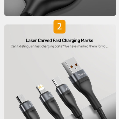 Cáp sạc đa năng 3 đầu Baseus 40W, Cáp sạc nhanh 3 đầu Baseus Flash Series 3in1 (USB to Type C/ Lai-nin/ Micro, 5A/40W) - Hàng chính hãng