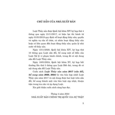 Sách - Luật Thủy Sản Năm 2017 (Sửa Đổi, Bổ Sung Năm 2020, 2024) - NXB Chính Trị Quốc Gia