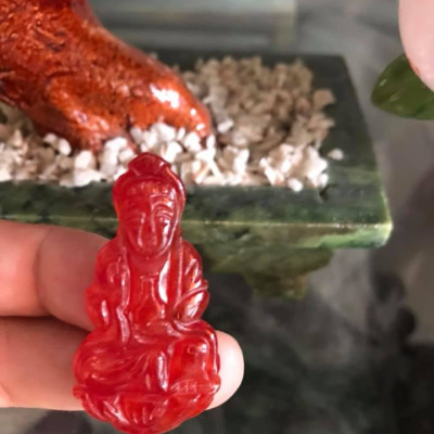 MẶT DÂY CHUYỀN NỮ Size Vừa C44mm xN23mm xS6mm  PHẬT QUAN ÂM ĐÁ CẨM THẠCH ĐỎ ĐẬM ĐẸP  NAM NỮ MỆNH HOẢ THỔ