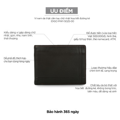 Ví nam da thật cầm tay chữ nhật hoạ tiết đường kẻ IDIGO MW1-5025-00
