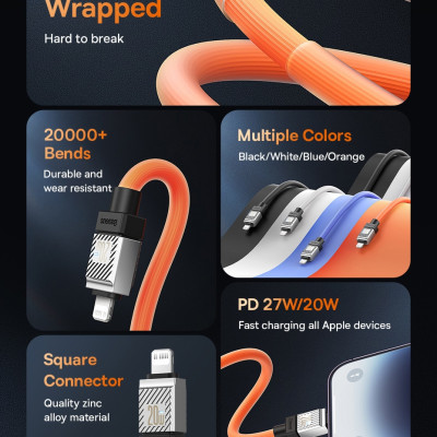 Cáp sạc nhanh, truyền dữ liệu PD 20W, Ba-se-us CoolPlay Series Fast Charging Cable Type C to Lai-nin PD 20W với thiết kế chắc chắn và bền bỉ và hỗ trợ công nghệ Power Delivery - Hàng chính hãng