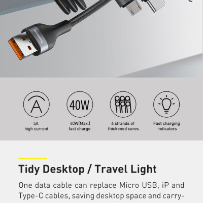 Cáp sạc đa năng 3 đầu Baseus 40W, Cáp sạc nhanh 3 đầu Baseus Flash Series 3in1 (USB to Type C/ Lai-nin/ Micro, 5A/40W) - Hàng chính hãng
