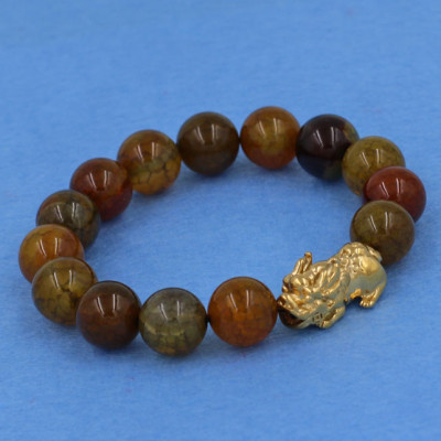 Chuỗi đeo tay đá vân rồng 12 ly - cẩn Tỳ Hưu inox vàng VVRTHV12 - hợp mệnh Kim, mệnh Mộc