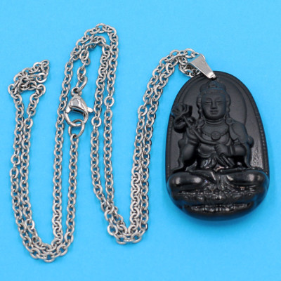 Vòng cổ phật Đại Thế Chí Bồ Tát - thạch anh đen 3.6cm DITTEB4 - dây inox bạc - kèm hộp nhung - tuổi Ngọ