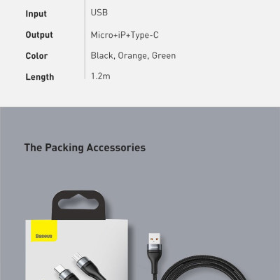 Cáp sạc đa năng 3 đầu Baseus 40W, Cáp sạc nhanh 3 đầu Baseus Flash Series 3in1 (USB to Type C/ Lai-nin/ Micro, 5A/40W) - Hàng chính hãng