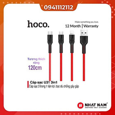 Cáp Sạc HOCO U31 - 3 Đầu - Dây Dù - Siêu Bền - Chính Hãng