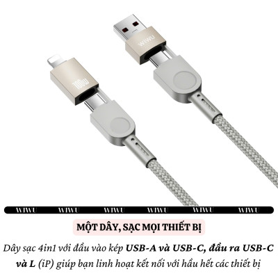 Cáp Sạc Đa Năng 4in1 sạc nhanh 100W dài 200cm USB-C + USB-A ra Type-C + L cho iPhone / cho iPad/ cho Macbook Laptop / Điện thoại thông minh hiệu WIWU Raptor - Chống Rối, Siêu Bền, Chip Thông Minh Tích Hợp, Sạc An Toàn - Hàng nhập khẩu