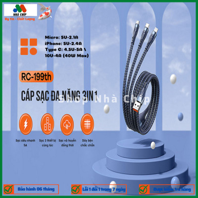 Cáp sạc đa năng 5A Remax 3in1 RC-199TH sạc nhanh siêu tốc max 40W- Hàng chính hãng