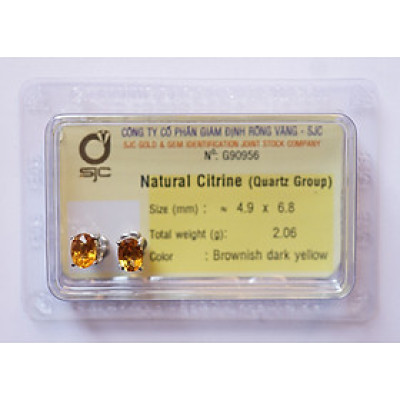 Bông tai Citrine Thạch Anh Vàng tự nhiên mài giác oval 5×7 li kiểm định