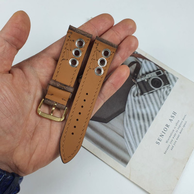 [Da thật] Dây đồng hồ nam thủ công da bò sáp AL113LEA (Nâu) (Kèm hộp + phụ kiện) Size 20/Size 22 - 100% da bò thật