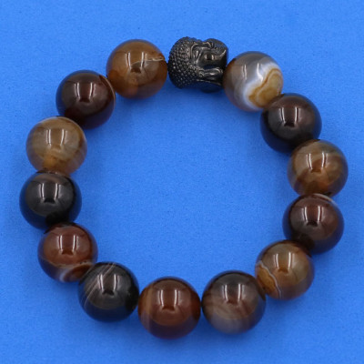 Vòng đeo tay mã não nâu sọc 14 ly cẩn hạt Phật A Di Đà inox đen VMNNSNLE14 - hợp mệnh Kim, mệnh Thổ