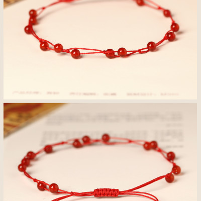 Lắc chân Nữ phong thủy gắn hạt đá thạch anh 6mm kết dây thủ công