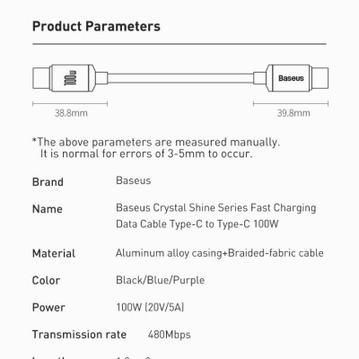 Cáp sạc Baseus Crystal Shine Series Data PD Fast Charging 100w Nhanh truyền dữ liệu C to C - Hàng chính hãng