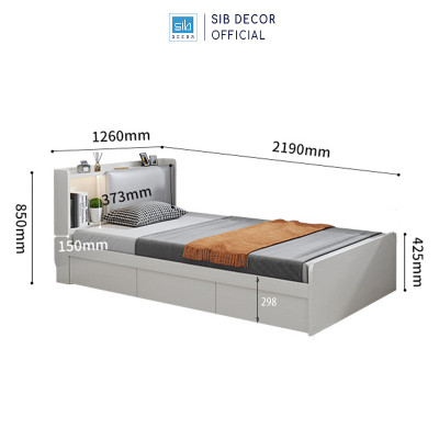 Giường Gỗ Đơn Dài 1.2m Phối Đèn LED và 3 Ngăn Kéo Màu Trắng SIB Decor GN14