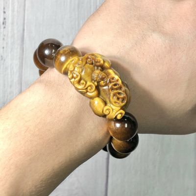 Vòng tay Thạch Anh Mắt Hổ vàng nâu 16mm mix tỳ hưu đá