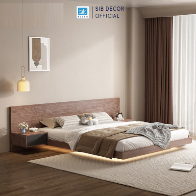 Giường Ngủ Tatami Tối Giản Hiện Đại Màu Walnut Có Đèn LED SIB Decor GN32