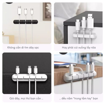 Kẹp cố định dây cáp, dây tai nghe, dây mạng, dây sạc... giúp gọn không gian 5 rãnh Màu ĐEN - Hàng chính hãng