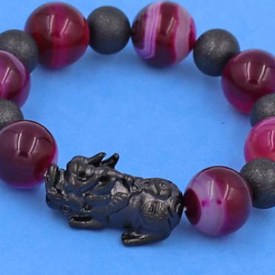 Chuỗi tay Tỳ Hưu inox mix Thạch Anh Hồng Sọc size 16 ly phối 6 bi - hợp mệnh Hỏa, mệnh Thổ - Chuỗi size XXL