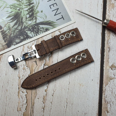 [Da thật] Dây đồng hồ nam thủ công da bò sáp AL113LEA (Nâu) (Kèm hộp + phụ kiện) Size 20/Size 22 - 100% da bò thật