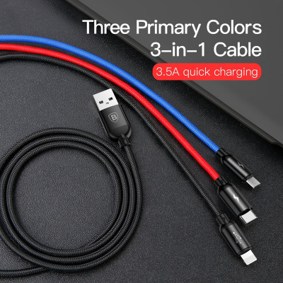 Cáp sạc và truyền dữ liệu tốc độ cao Baseus Three Primary Colors tích hợp 3 đầu kết nối Type C, Android và IP - Hàng chính hãng