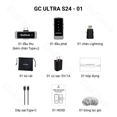 Micro thu âm không dây GoChek Ultra S24, tích hợp 2 chân cắm khi livestream/quay video/ghi âm cho điện thoại/máy tính bảng/PC/Laptop - Hàng chính hãng