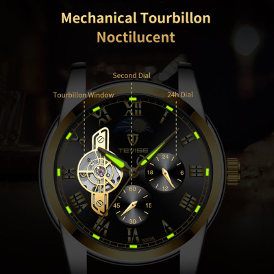 Đồng hồ nam dạ quang Tevise Skeleton/Tourbillon không thấm nước Moon Phase - Vàng & Đen