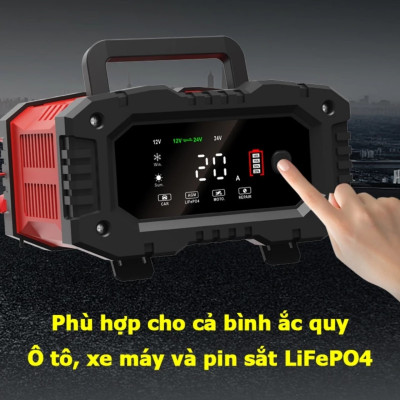 Sạc ắc quy thông minh FOXSUR tự động 12v - 24v dòng sạc 20A sạc bình 4A - 300A ô tô xe máy xe tải pin sắt LiFePO4 tự ngắt khi đầy