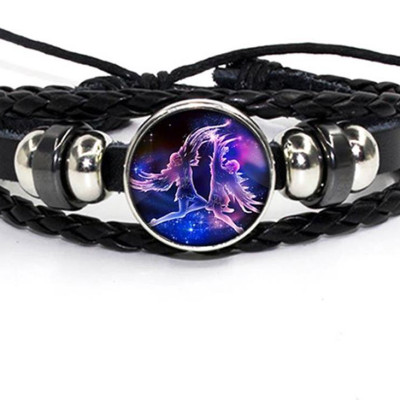 Vòng Đeo Tay Giả Cổ Dây Da Bệt Tết Phong Cách Retro Mặt Vòng Hình 12 Cung Hoàng Đạo Có Thể Điều Chỉnh Độ Rộng